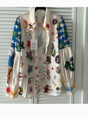 Printed Button-Front Blazer Jacket in Cream with Multicolor Motifs